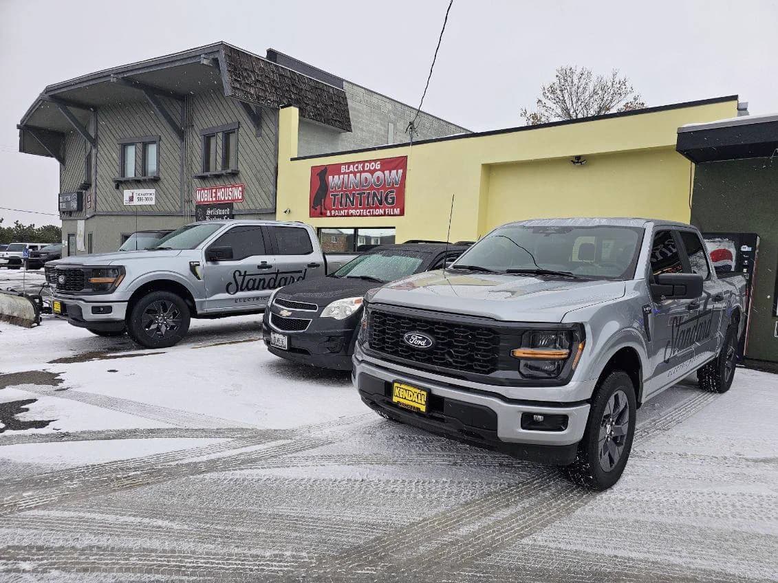 White Ford and black truck outside the shop