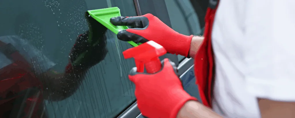 Installer cleaning automotive glass during film prep